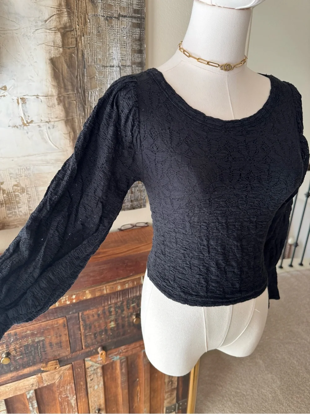 Free People Tea Time Round Neck Long Sleeve Lace Top - XS
